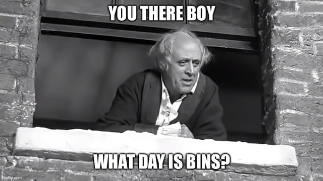 Meme of Ebenezer Scrooge leaning out of a window saying “You there boy, what day is bins?”