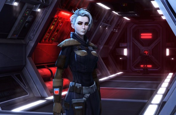 White-haired sith warrior in comfy padded cold weather gear.