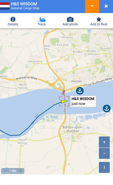H&S Wisdom shown on AIS passing underneath the Humber Bridge.