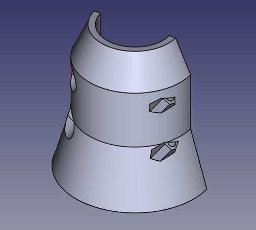 A render of half a sleeve to clamp over a cylinder.  It flares out at the base and has four bolt holes in it - two circular to take the bolts and two with a hexagonal recess to capture a nut.