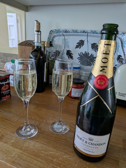 A bottle of champagne and two glasses