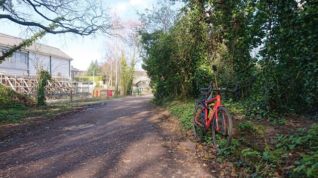 An orange gravel bike leaning against an overgrown former railway platform.  The bed of the railway is now just a gravel path.  Off to the left of the picture is the wood-panelled signal box of the still-working line, and just visible in the distance is the lattice ironwork of a footbridge over the railway.