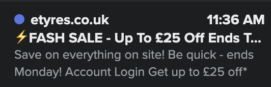 An email from etyres.co.uk with an unfortunate typo in the subject line.
Instead of advertising a “flash sale” they have posted about a “fash sale”