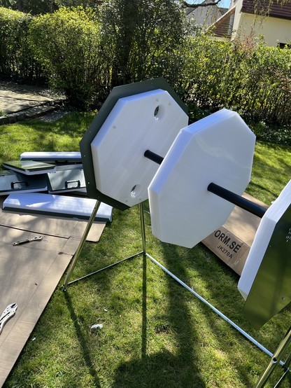 A partially constructed 2 chamber hot composter with thick white insulating foam. 