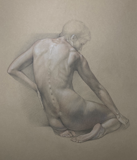 Drawing in black crayon with white highlights on brown paper of a seated nude female figure from behind, one arm extended to her knee.