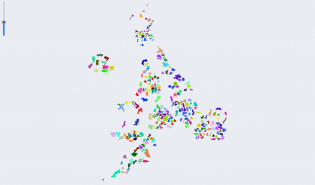 A hex cartogram of UK wards. Wards within each local authority are grouped together. There are gaps between local authorities. Scotland, Northern Ireland, Wales, the North East, North West, Yorkshire, East Midlands, West Midlands, East of England and South West are all arranged. The South East and London are missing.