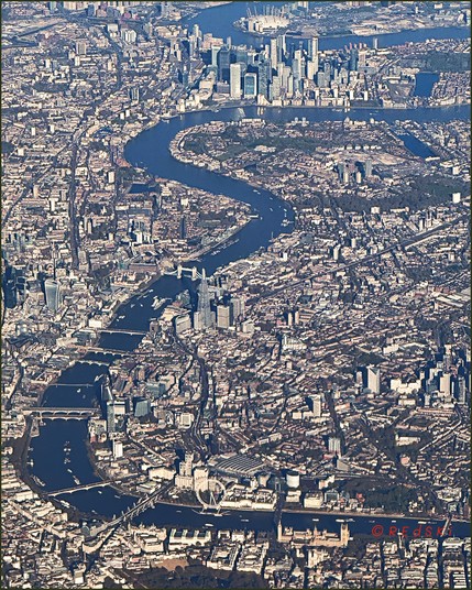 Aerial view of London looking west to east