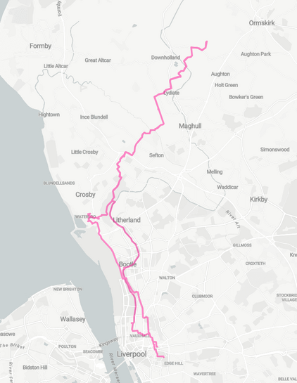 A map of Liverpool and the Lancashire plain to its north.  Overlaid is a bike route that runs up to Waterloo, then across just past Sefton village, over to Lydiate and between Aughton and Downholland.  Then retracing its route to Rimrose Valley where it picks up the Leeds-Liverpool canal and back to Liverpool