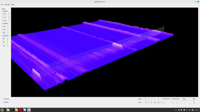 A 3D visualisation of a spectrum analyzer output for a device.  The x-axis shows frequencies from low to high, with the y-axis showing the strength of the signal at each frequency.  The z-axis shows how these change over time