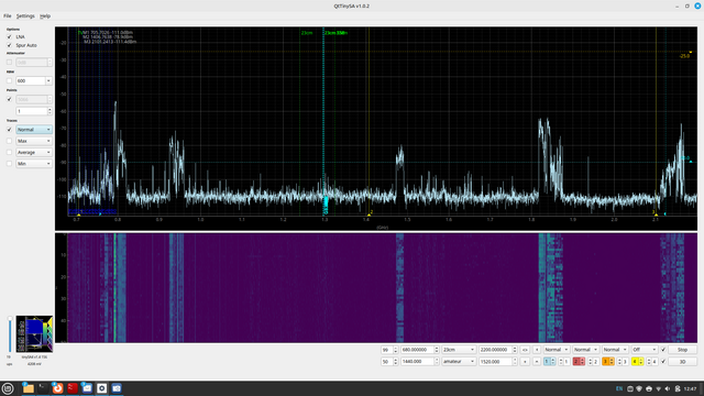 A screenshot of the 2D visualisation of spectrum analyzer output in the QtTinySA app.  There are assorted controls to set the frequency range, show markers on screen, etc.  The graph again shows the frequencies across the x-axis and their strength on the y-axis - it's easier to read the specific values in this view, but harder to see how they change over time, although a coloured waterfall display below the graph does give a flavour of that.