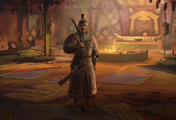 game screenshot of a mongol lord in full armour, holding a sword.