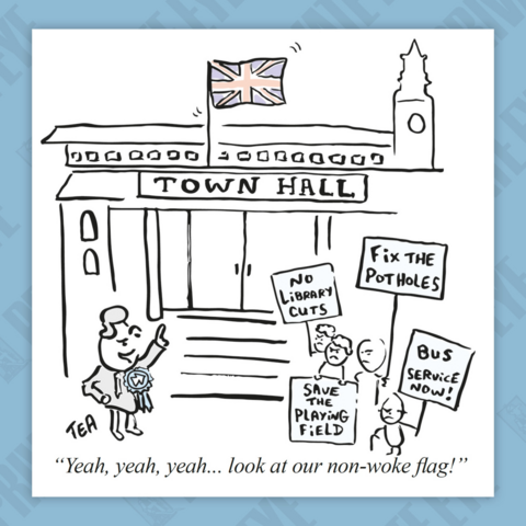 Protestors outside a town hall with signs reading:
No library cuts
Fix the potholes
Bus service now!
Save the playing field

And a Reform councillor telling them "Yeah yeah yeah... look at our non-woke flag!"