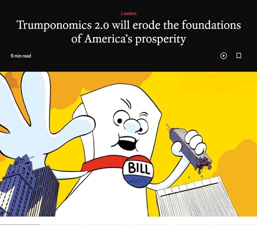 Caption: Trumponomics 2.0 will erode the foundations of America's prosperity. 
A giant wearing a badge saying "Bill" is pulling up skyscrapers