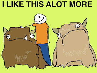 A cartoon of two large beast things (“alots”) with a person in between looking at one, captioned “I like this alot more”
