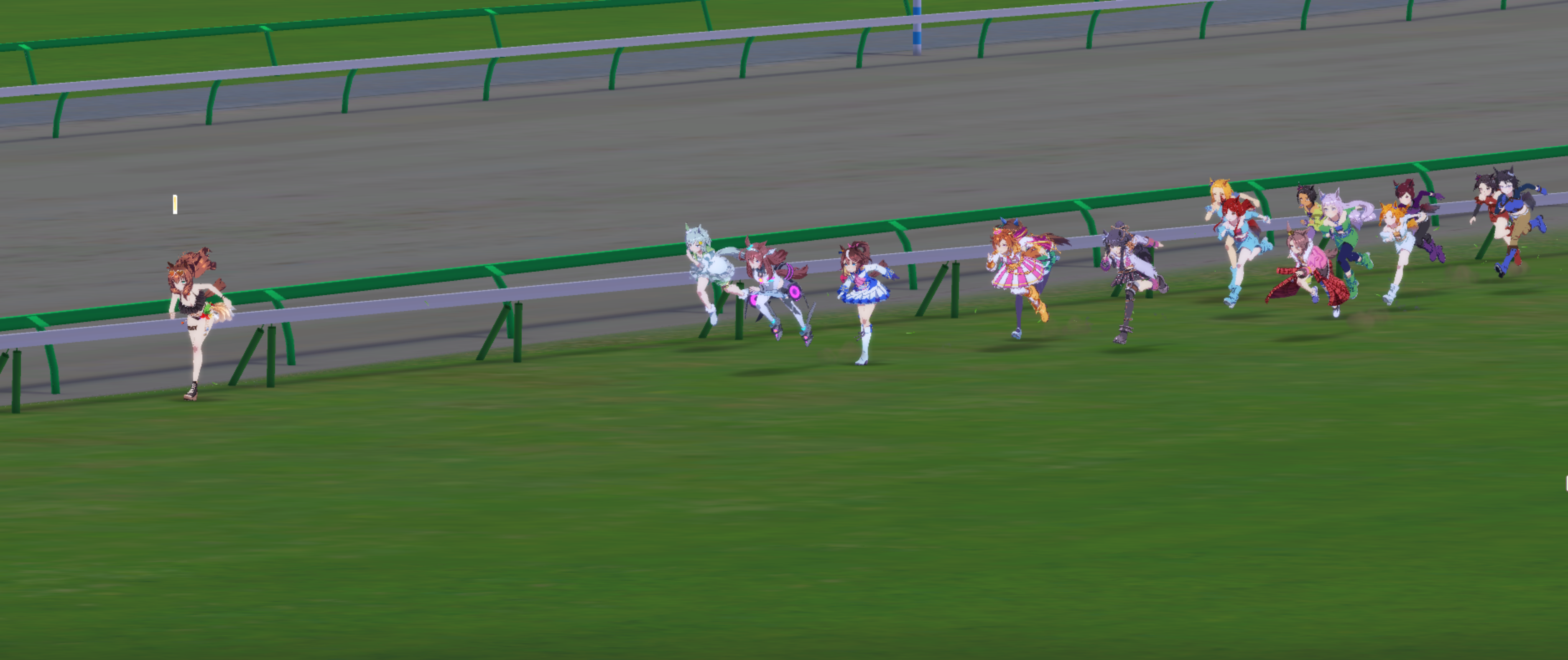screenshot of anime horse girls running a race in a variety of costumes