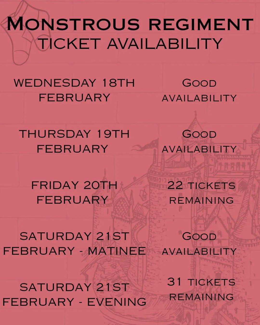 MONSTROUS REGIMENT
TICKET AVAILABILITY
WEDNESDAY 18TH FEBRUARY
GOOD AVAILABILITY
THURSDAY 19TH FEBRUARY
GOOD AVAILABILITY
FRIDAY 20TH FEBRUARY
13 22 TICKETS REMAINING
SATURDAY 21ST FEBRUARY - MATINEE
GOOD AVAILABILITY
SATURDAY 21ST FEBRUARY - EVENING
31 TICKETS REMAINING