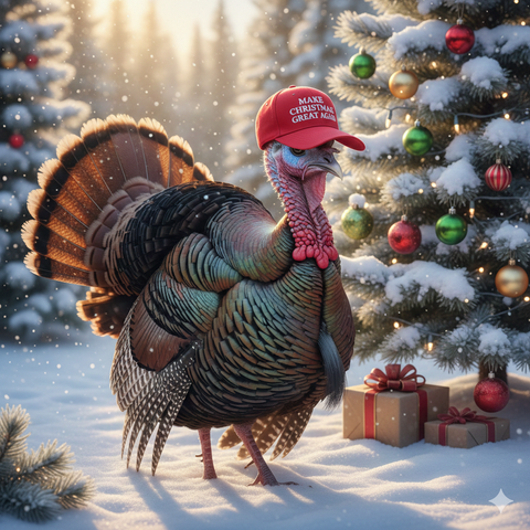 AI generated image of a turkey wearing a MAGA cap, except that the cap says "Make Christmas Great Again". The turkey is standing in snow in a forest of decorated Christmas trees. Two presents are present under the nearest tree.